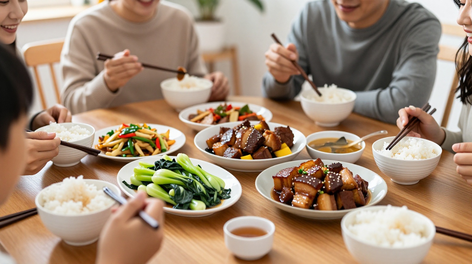 A typical Chinese family dinner featuring steamed rice, stir-fried vegetables, and braised pork on a wooden table