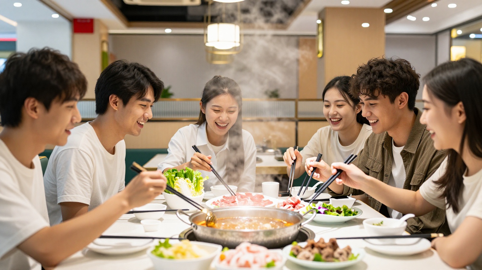 Young people enjoying a communal hot pot meal at a trendy restaurant in China