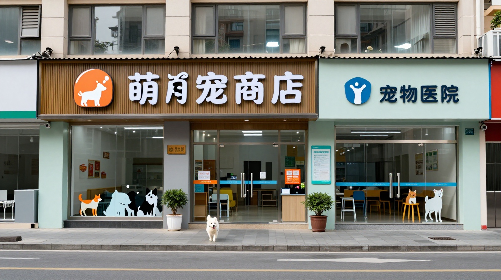 Urban street scene in China featuring a modern pet shop and veterinary clinic sign
