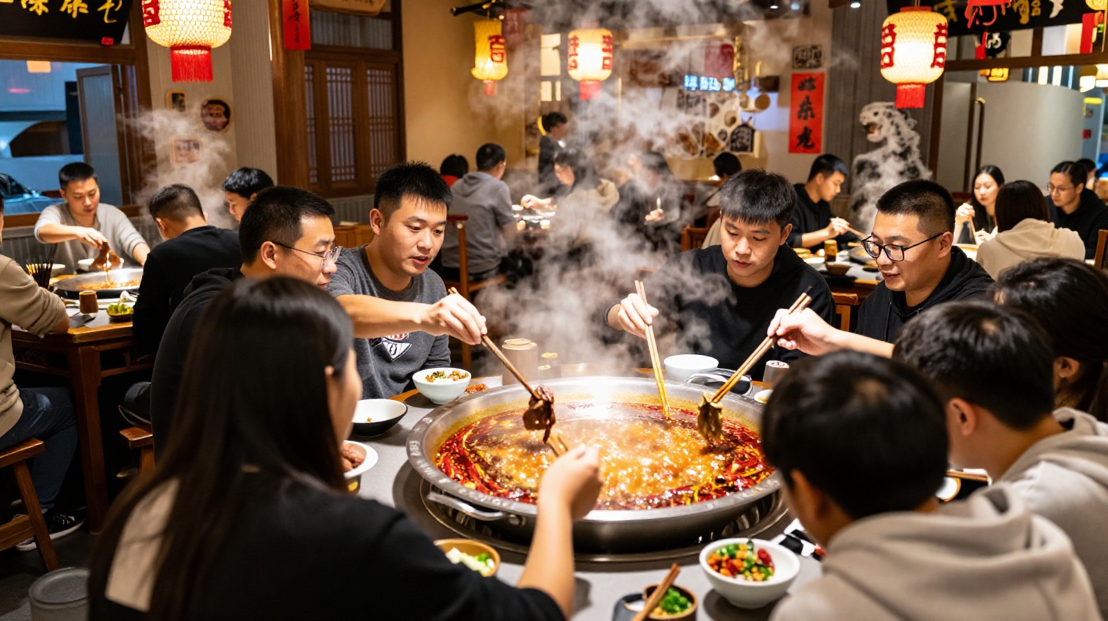 Group of friends enjoying a spicy Sichuan hot pot meal in a crowded local eatery