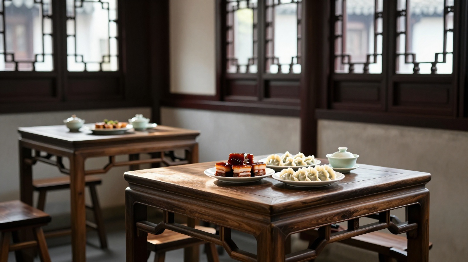 Elegant Suzhou dining scene featuring delicate sweet dishes and jasmine tea in a quiet tea house