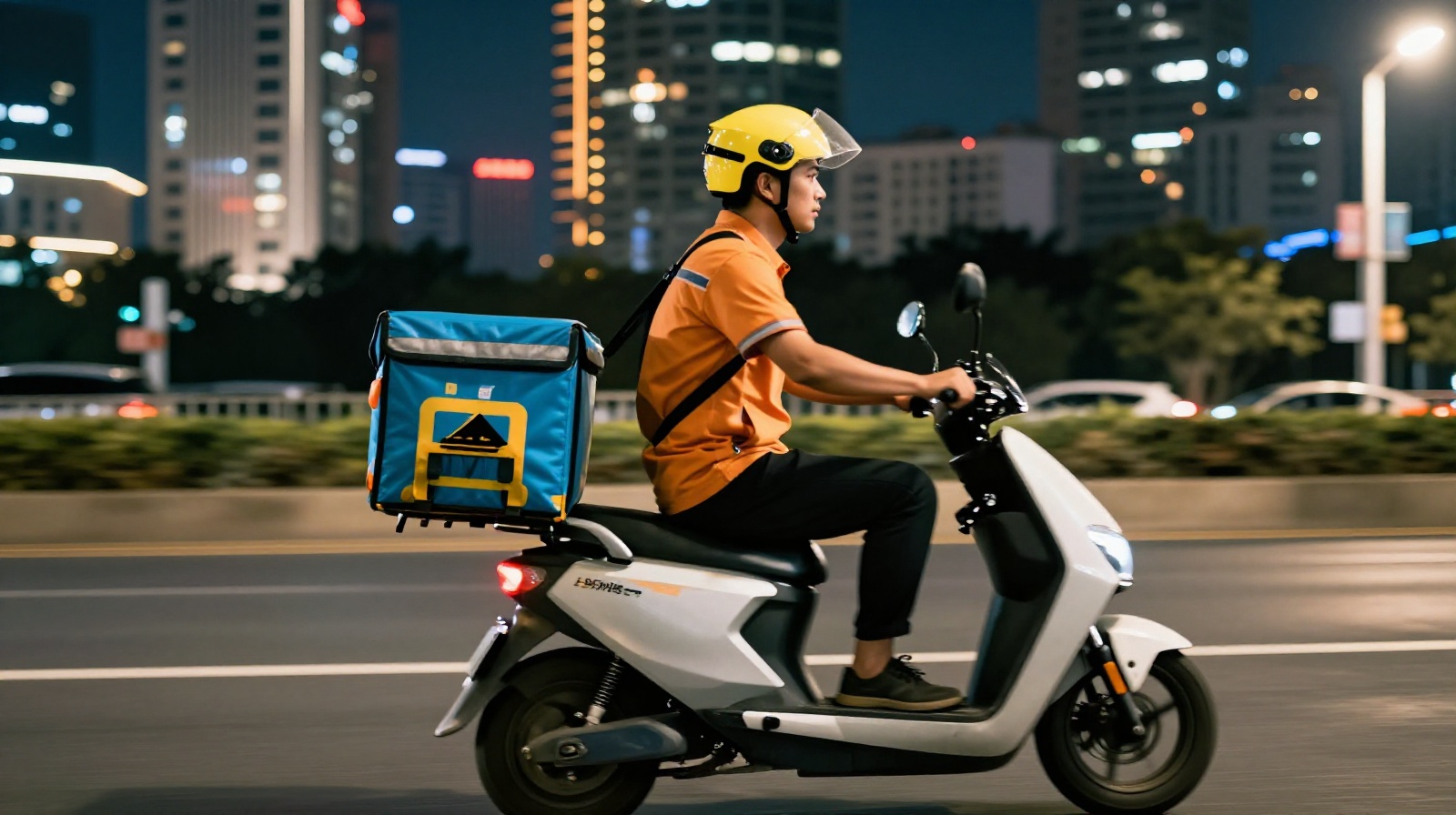 Food delivery rider navigating a modern Chinese city street at night to deliver authentic regional cuisine