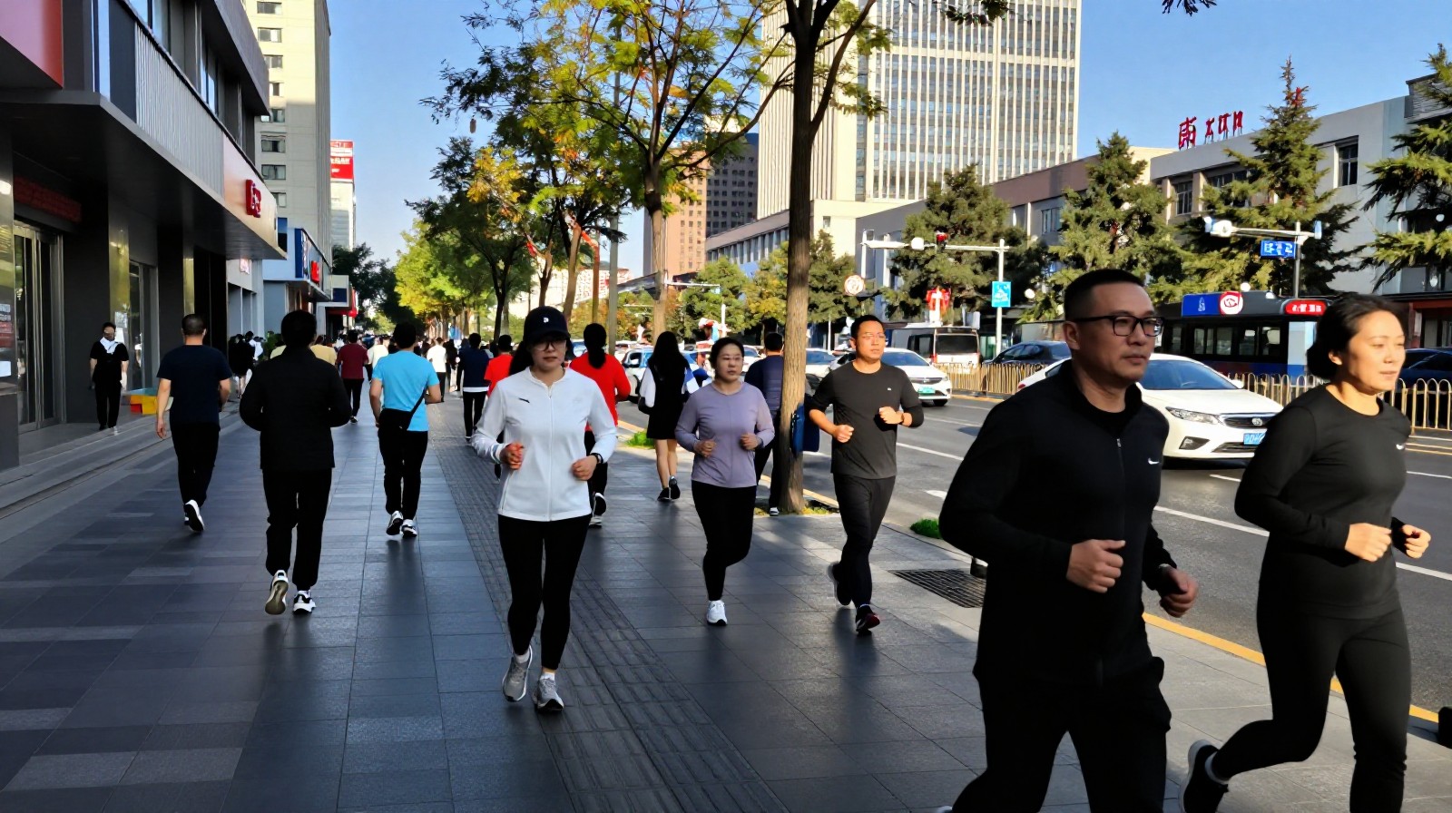People walking and jogging on a Beijing street under a clear blue sky with modern skyscrapers in the background