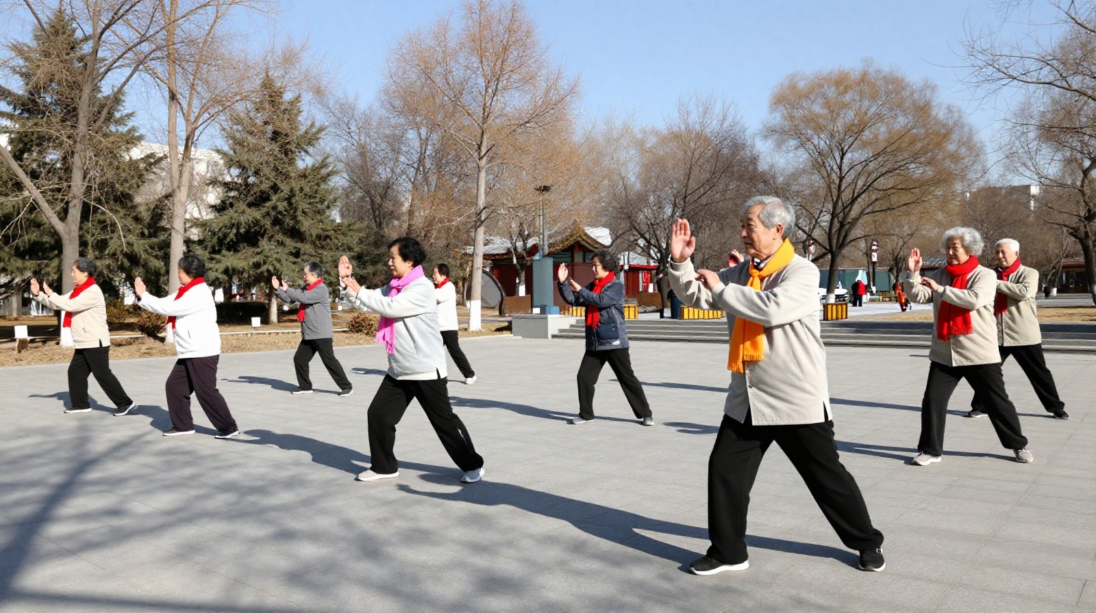 Elderly residents practicing Tai Chi in a Beijing park with a clear blue sky background
