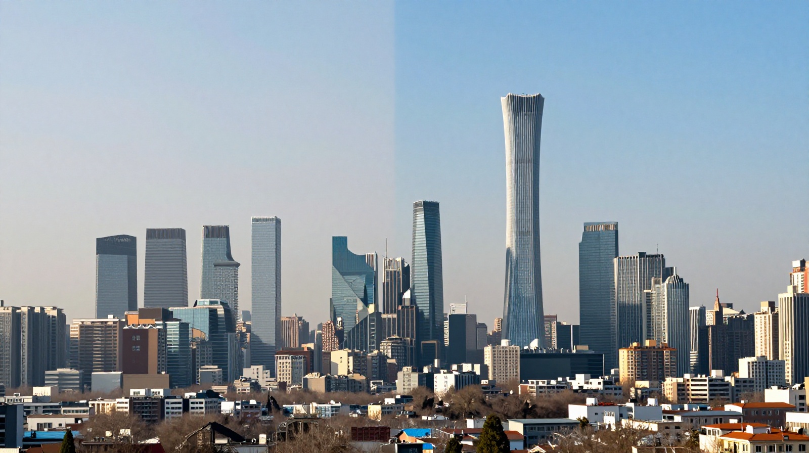 Visual representation of air quality improvement with clear skies over a modern Chinese city