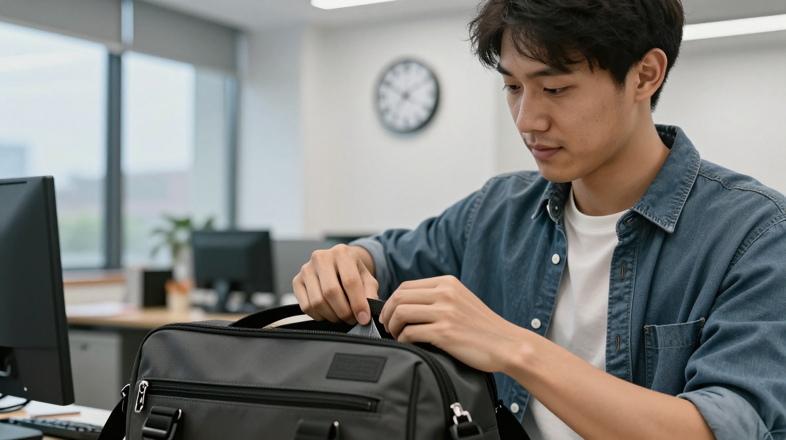 Young professional leaving office early in Shenzhen with a backpack as the sun sets outside