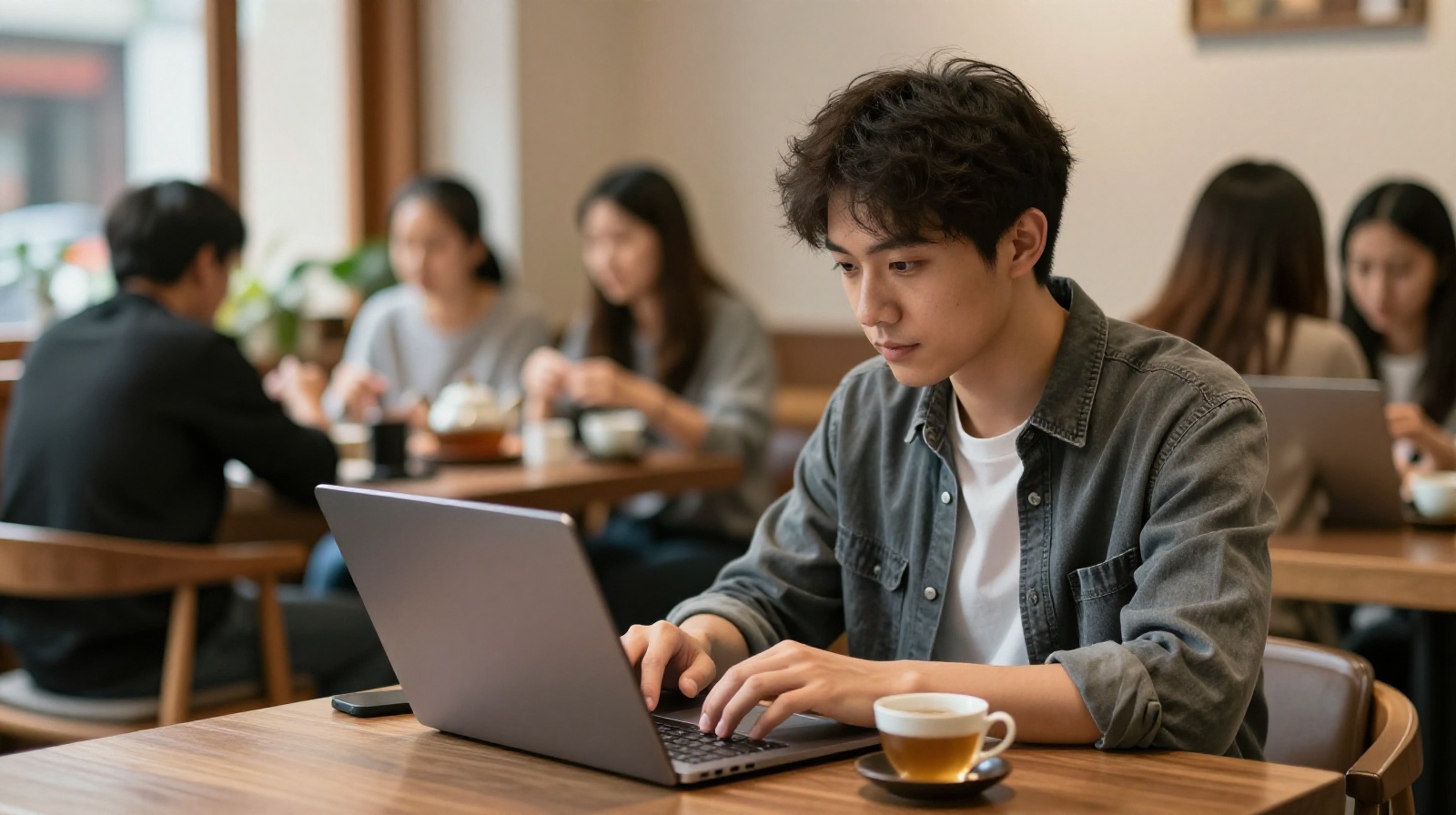 Freelancer working on a laptop in a traditional teahouse in Chengdu China