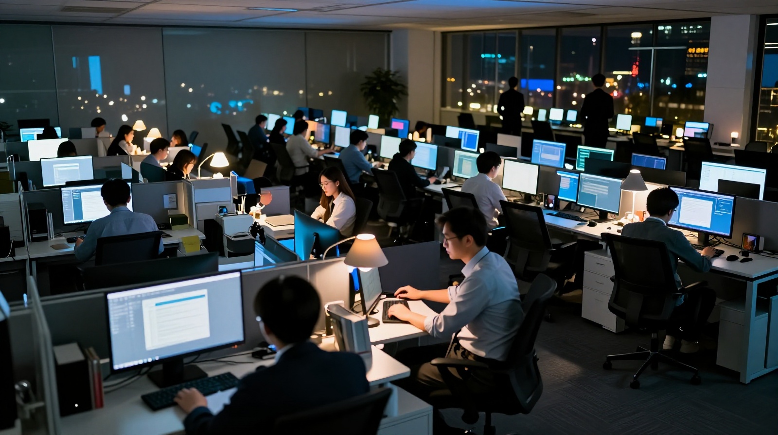 Interior view of a modern tech office in Beijing showing rows of desks and employees working late at night under bright fluorescent lights
