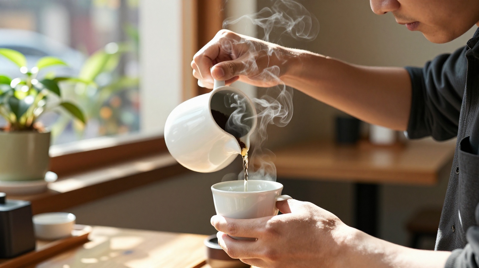 Close up of a barista pouring coffee in a cozy cafe in Dali with sunlight and steam rising from a mug