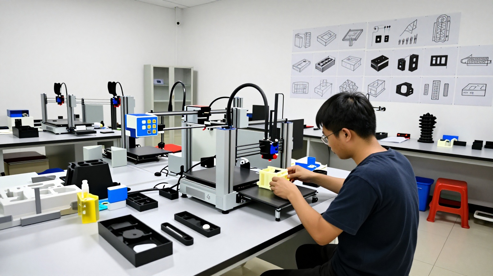 A close-up view of a worker operating a 3D printer in a Shenzhen rapid prototyping workshop to create a prototype casing