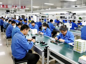 Workers assembling smart plant pots on a flexible assembly line in a Shenzhen manufacturing facility