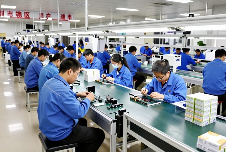 Workers assembling smart plant pots on a flexible assembly line in a Shenzhen manufacturing facility