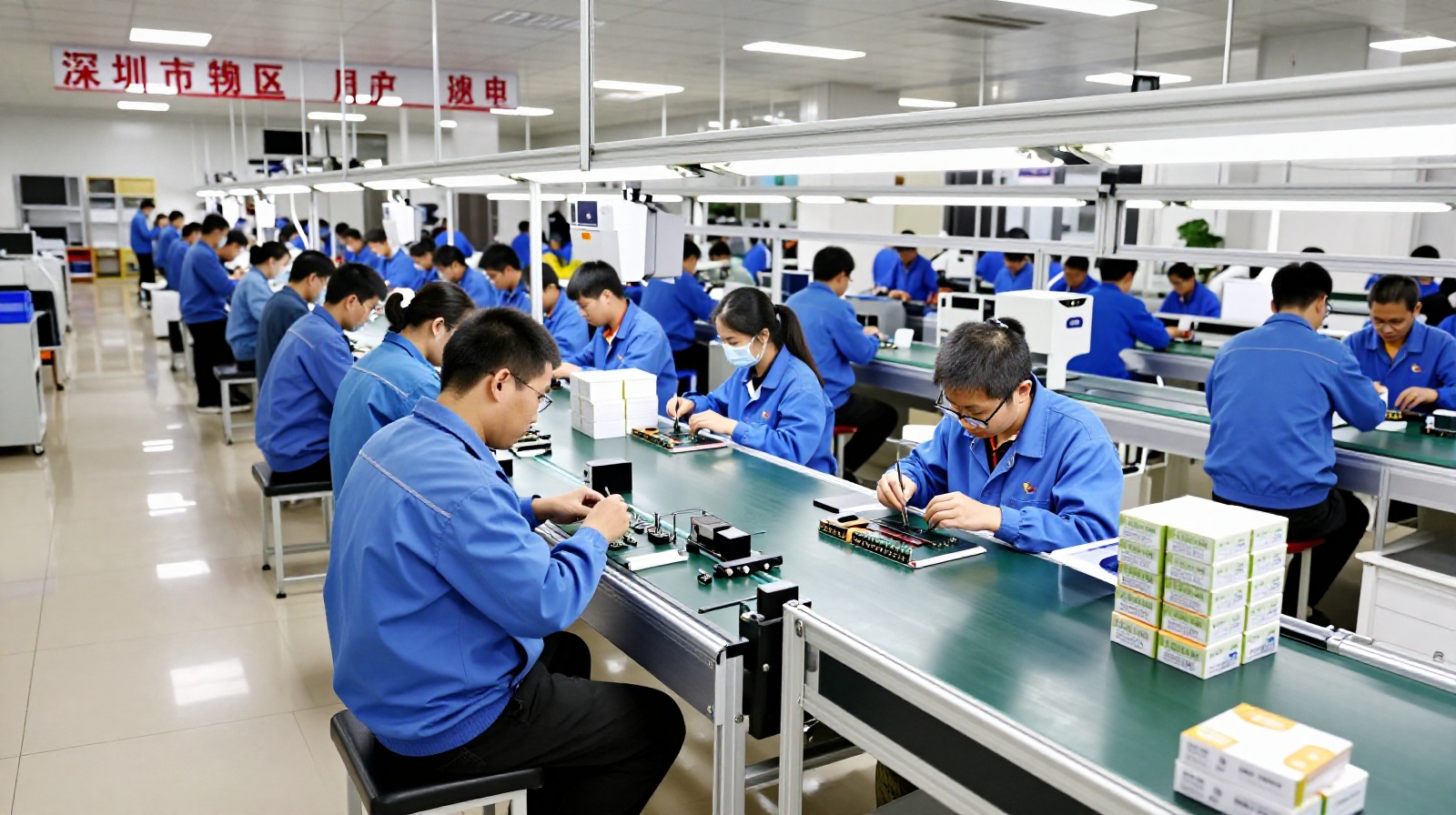 Workers assembling smart plant pots on a flexible assembly line in a Shenzhen manufacturing facility