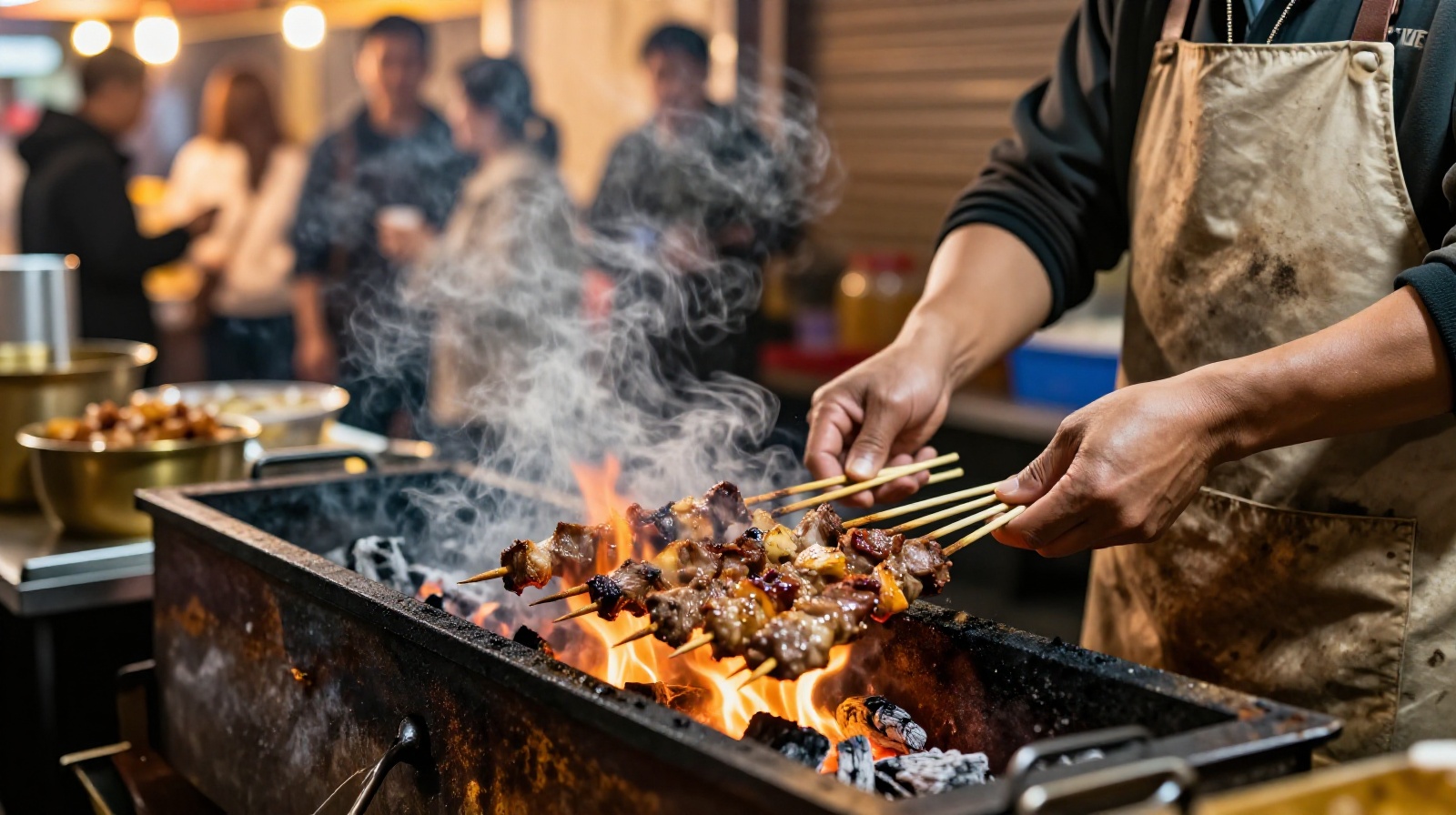 Street food chef grilling skewers over an open flame at a night market stall with steam rising