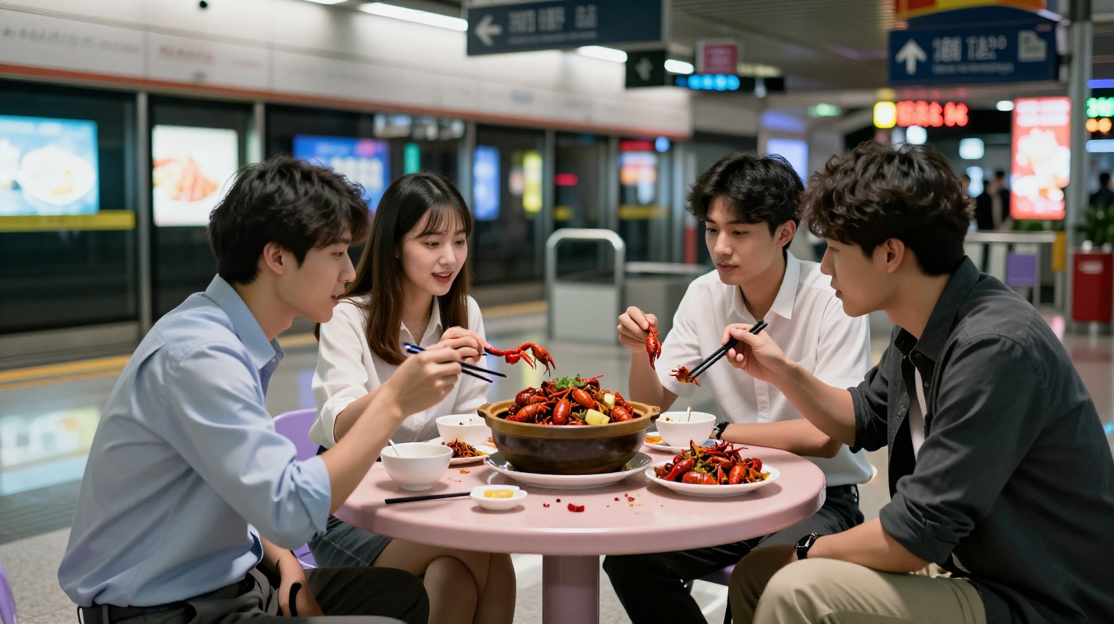 Young locals dining outdoors at a late-night street food stall sharing hot clay-pot rice and crayfish