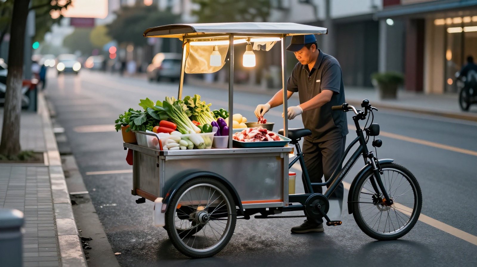 Electric delivery bike delivering fresh ingredients to a mobile street food vendor before opening hours