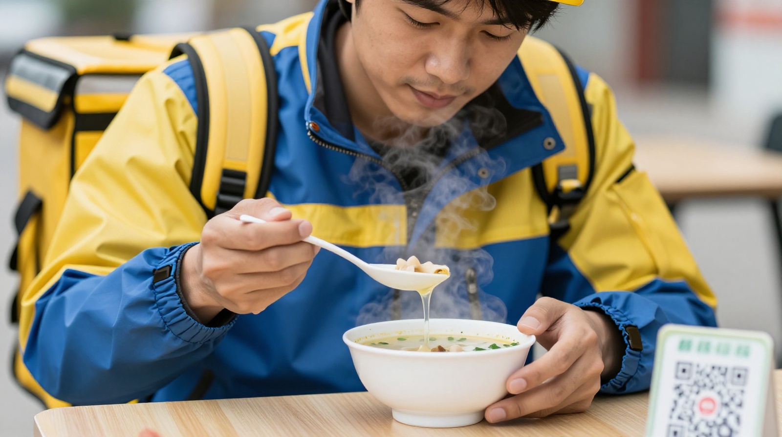 Delivery rider enjoying a warm meal at a late-night noodle stall with a friendly atmosphere