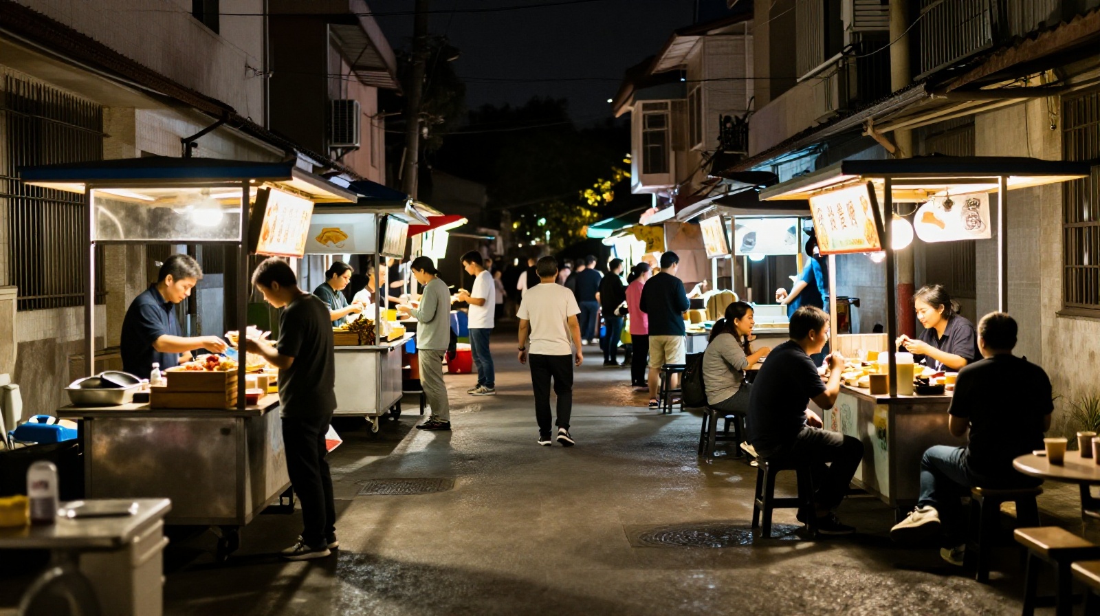 Bustling late-night street food alley in China with locals enjoying hidden culinary gems