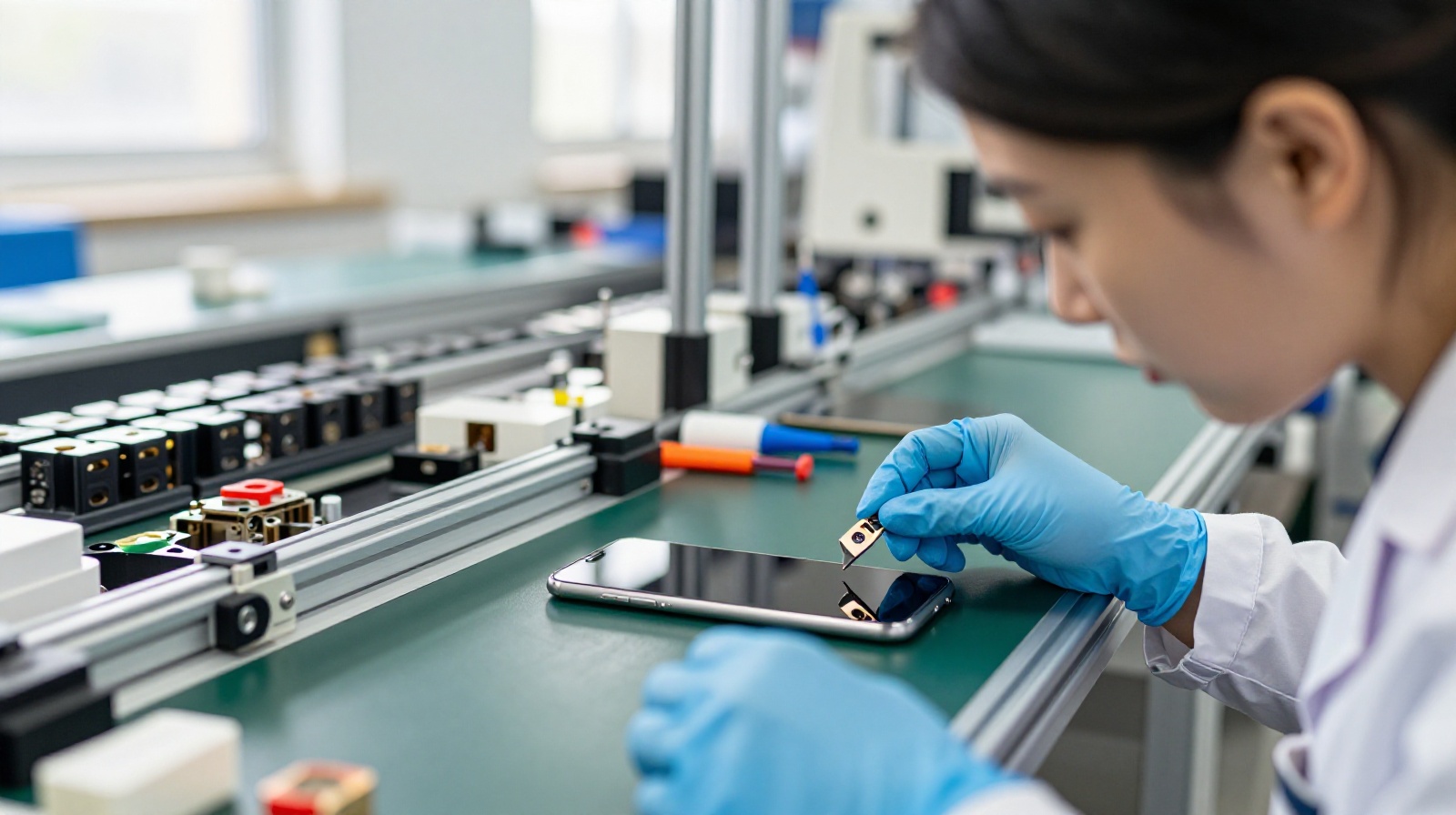 Female factory worker inspecting smartphone screens on an assembly line in Dongguan