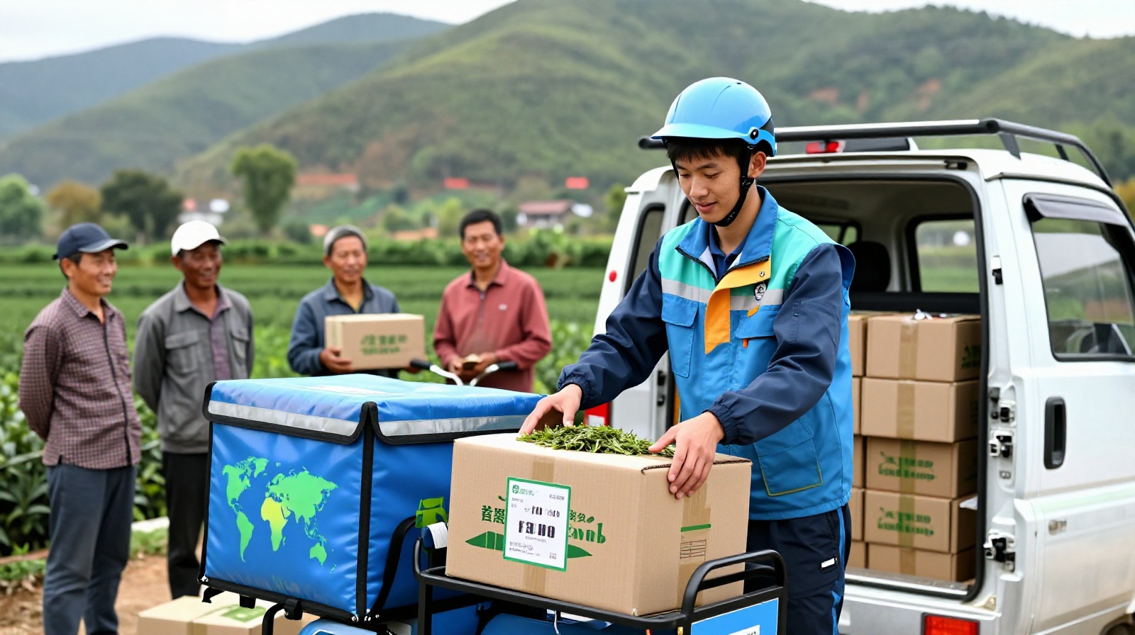 Rural farmer handing over tea packages to a delivery courier in Yunnan
