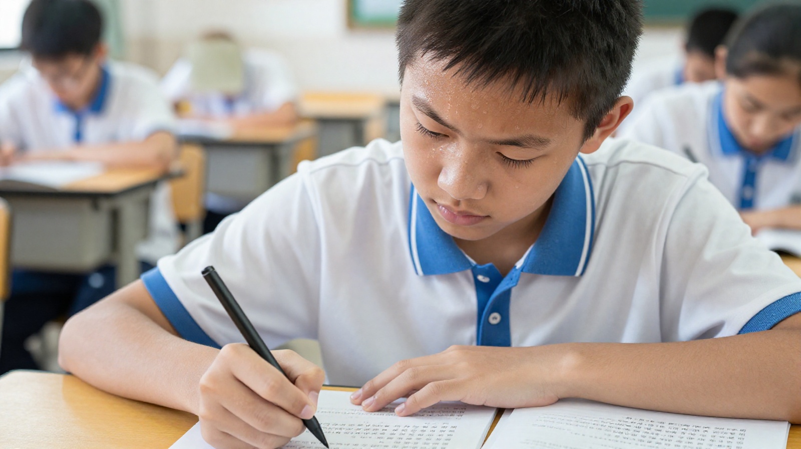 A close-up view of a high school student taking the Gaokao exam in China, showing intense focus and concentration