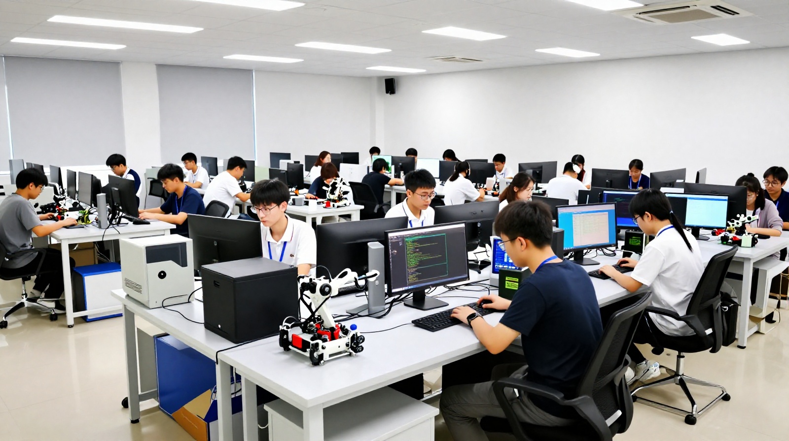Students in a Chinese vocational college learning modern technical skills like robotics and coding