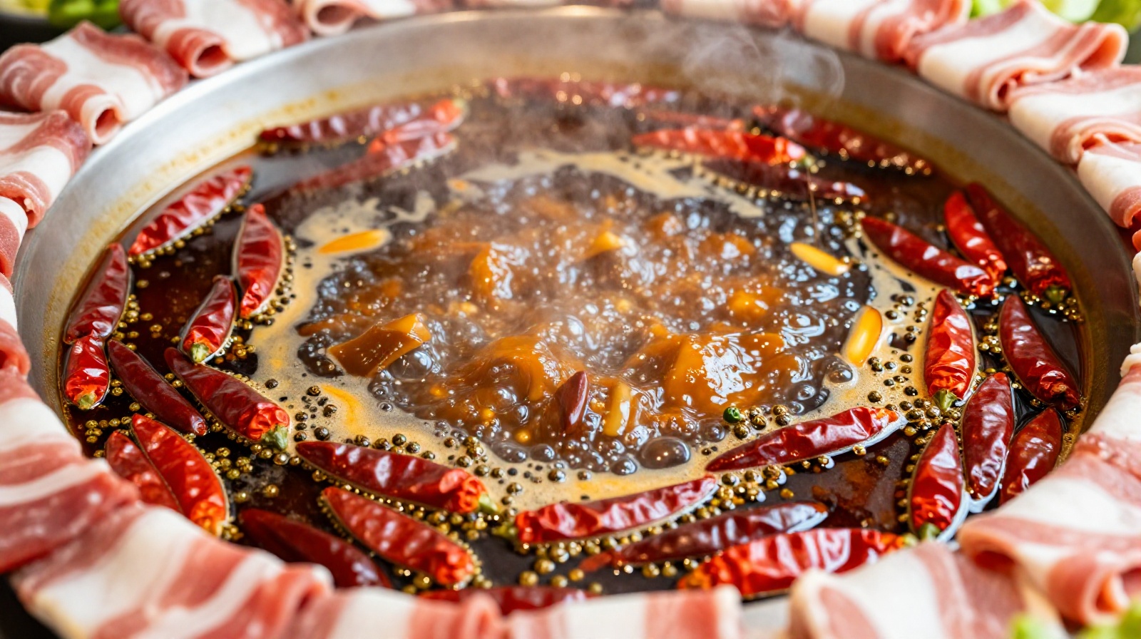 Bubbling spicy Sichuan hot pot broth with red chilies and green peppercorns