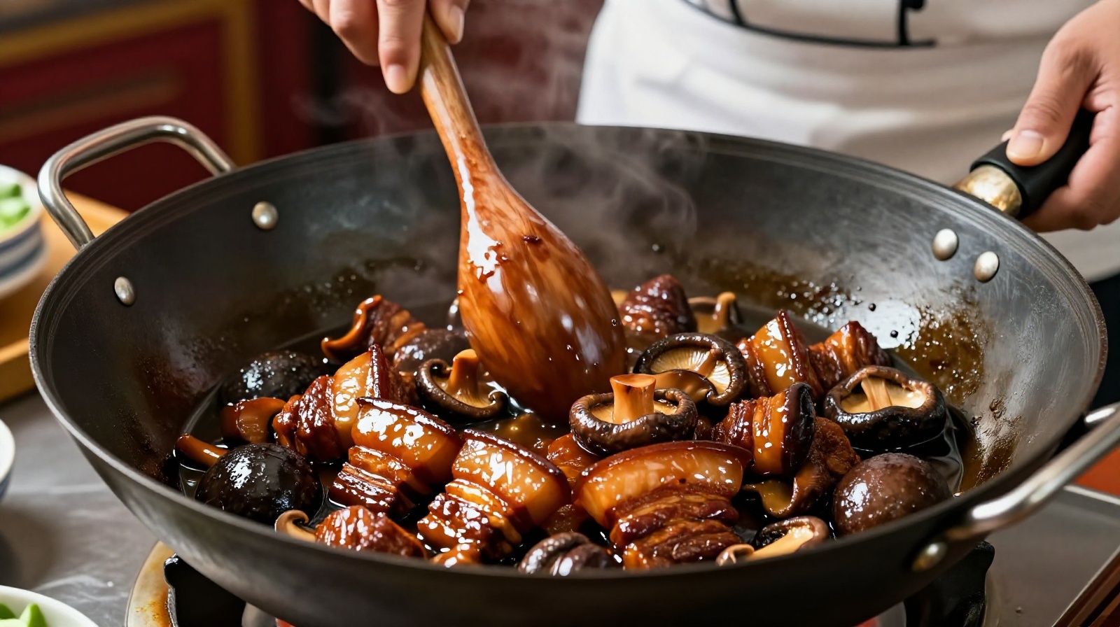 Chef cooking braised pork with soy sauce and mushrooms in a traditional wok