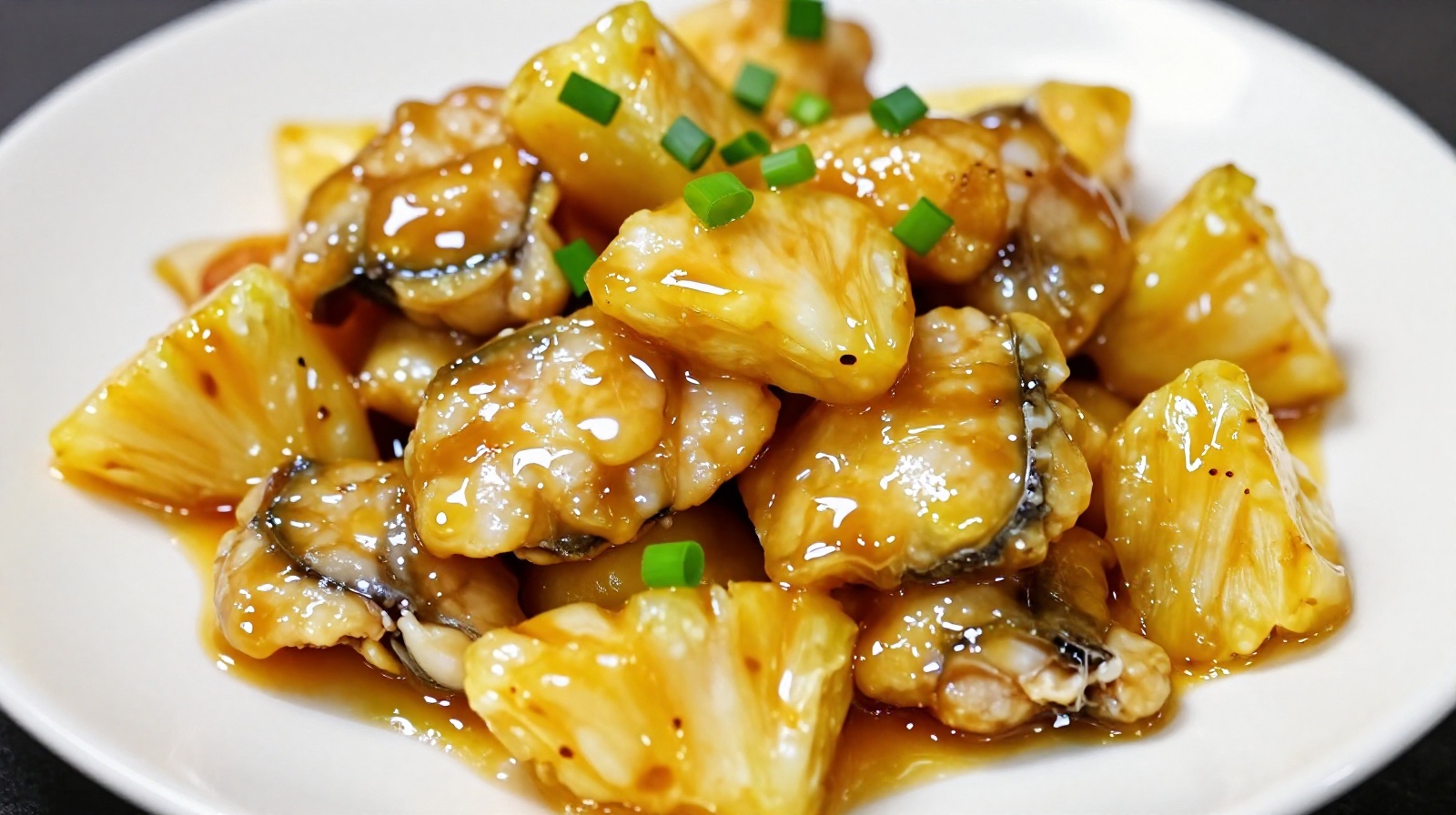 Glossy sweet and sour fish dish with pineapple and green onions