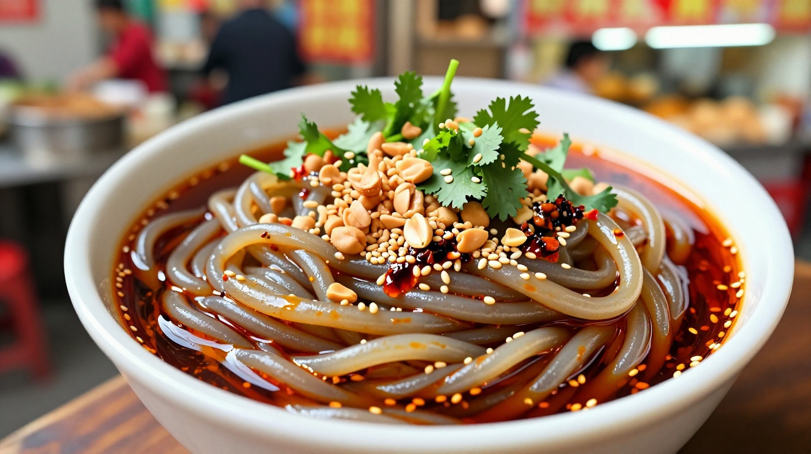 Bowl of spicy cold noodles with cilantro and peanuts on a street stall