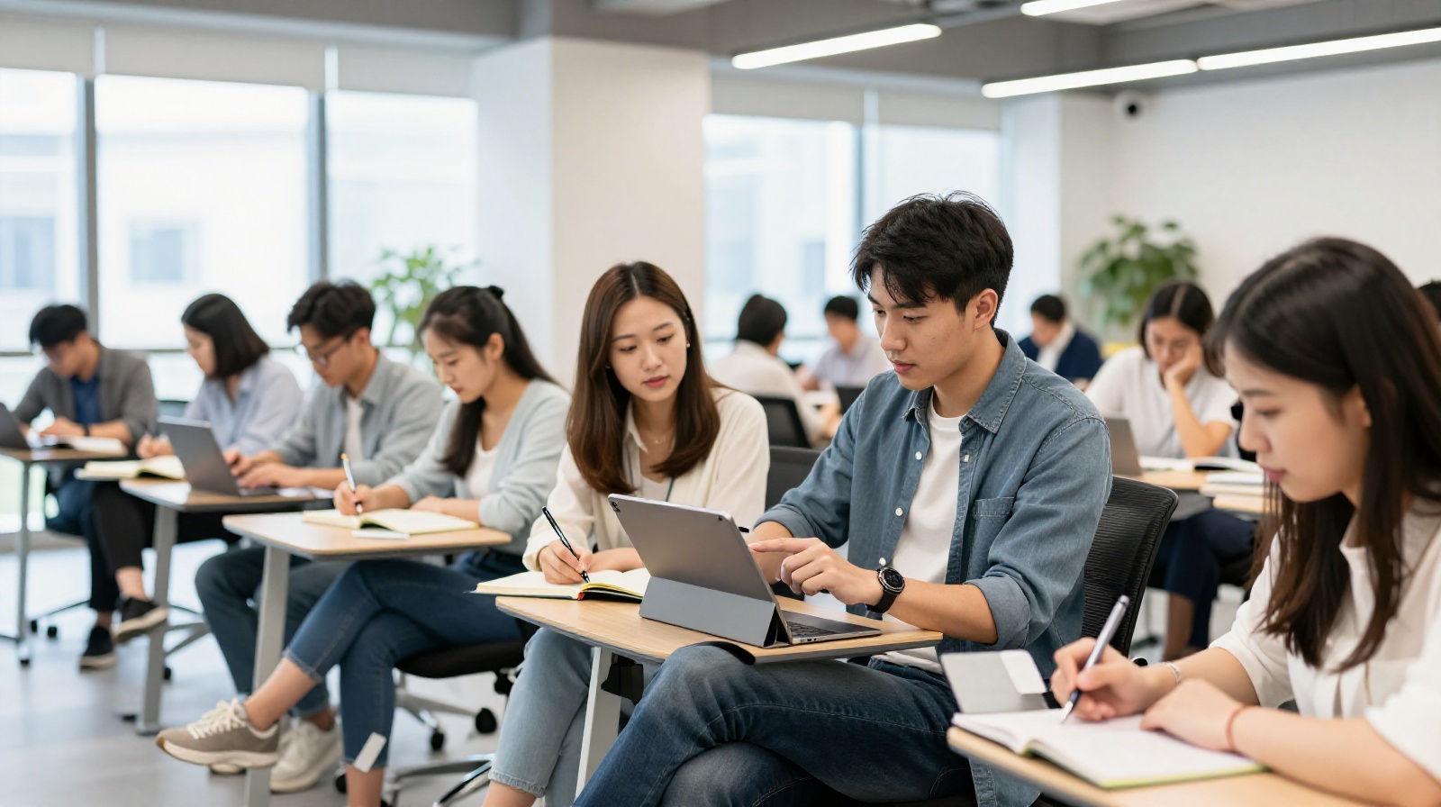 Young Chinese professionals discussing career plans in a modern co-working space in Beijing