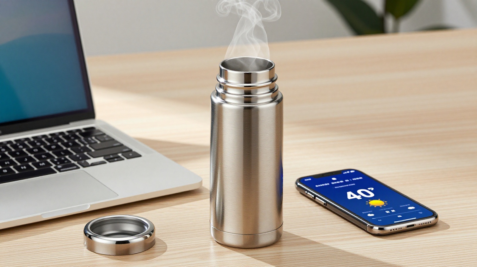 A close-up view of a modern Chinese office workspace featuring a steaming thermos on a desk next to a laptop, illustrating the habit of drinking hot water in summer