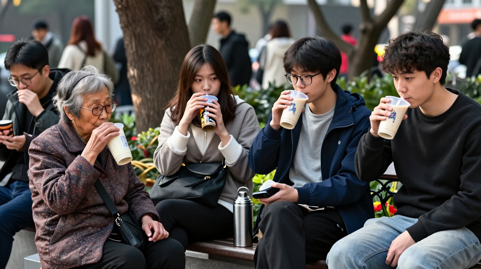 Diverse group of Chinese people enjoying hot beverages in a city park during summer heat, highlighting the intergenerational nature of this habit