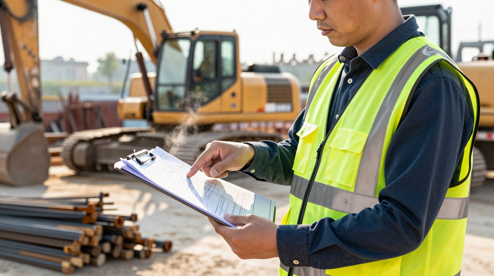A construction foreman in China inspecting blueprints on a busy building site with heavy machinery in the background