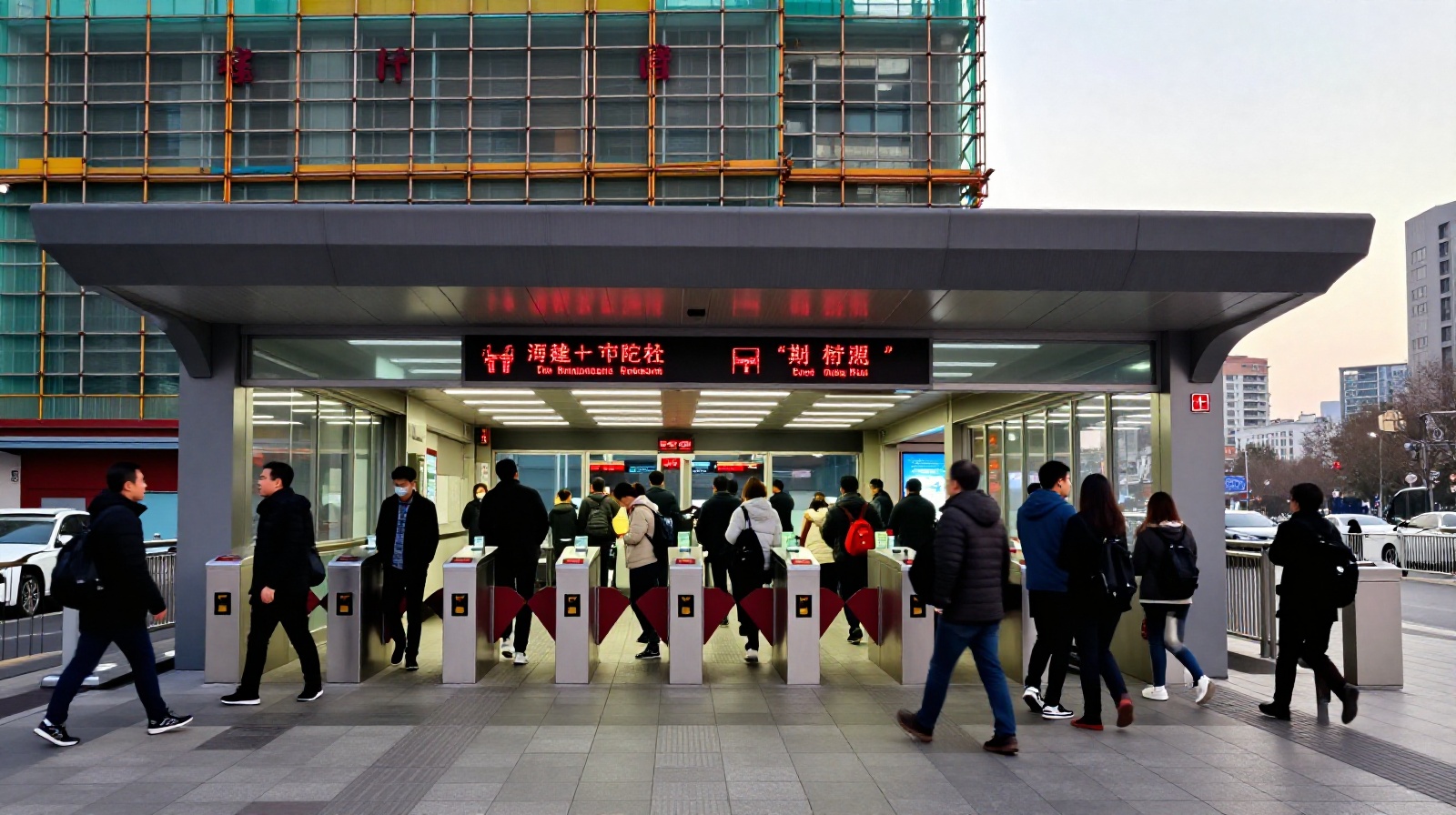Commuters entering a modern subway station in China with visible construction scaffolding on the surrounding buildings