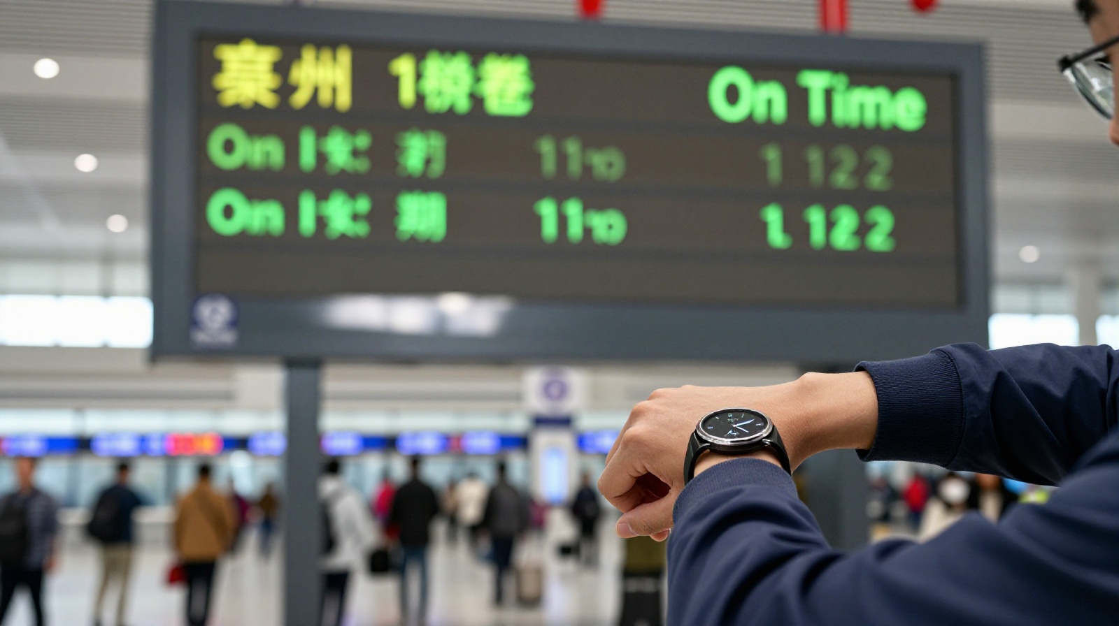 Passenger checking watch at Chinese high-speed rail station with digital departure board showing on-time status