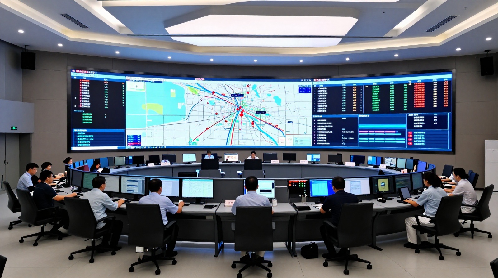 Central railway dispatch control room with operators monitoring digital train schedules