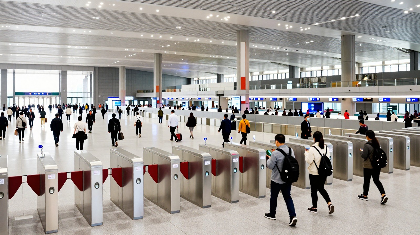 Passengers entering a high-speed rail station using mobile phones at automated gates