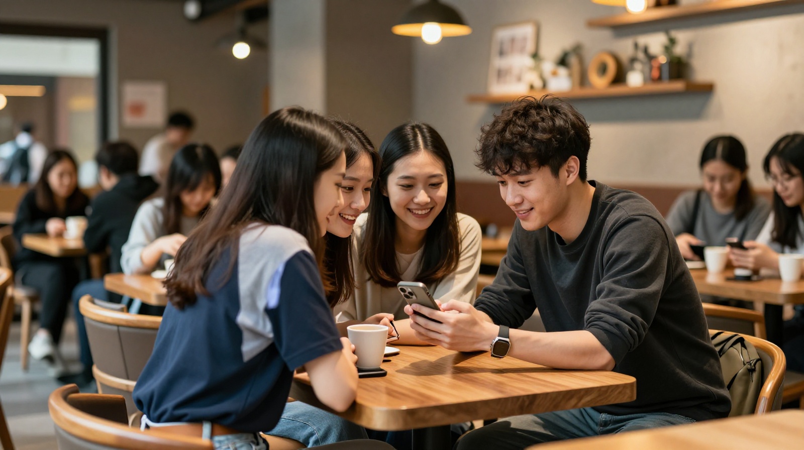 Young people sharing photos on social media apps inside a modern cafe in China