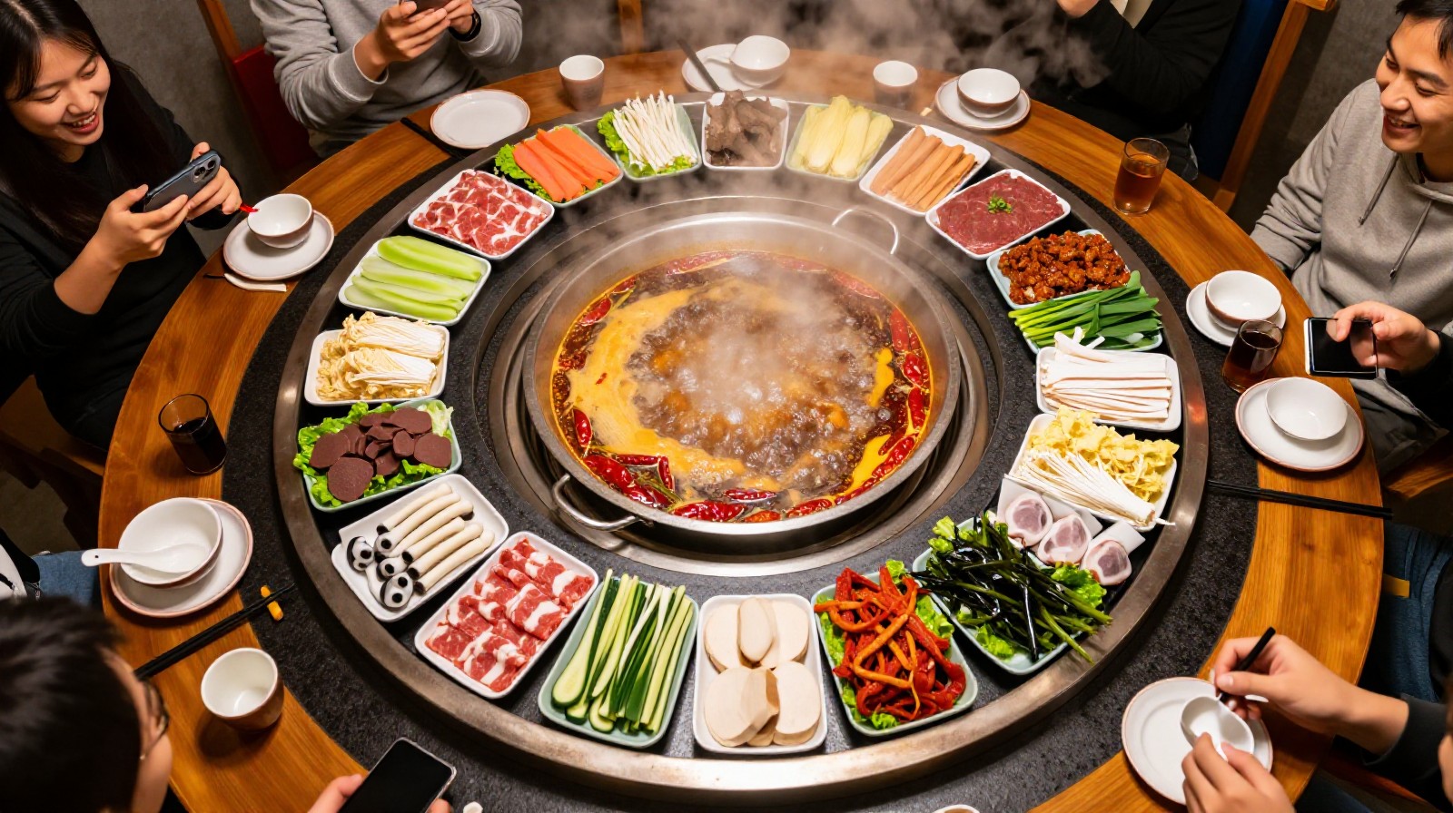 Chinese family filming their hot pot meal before eating at a restaurant in Chongqing
