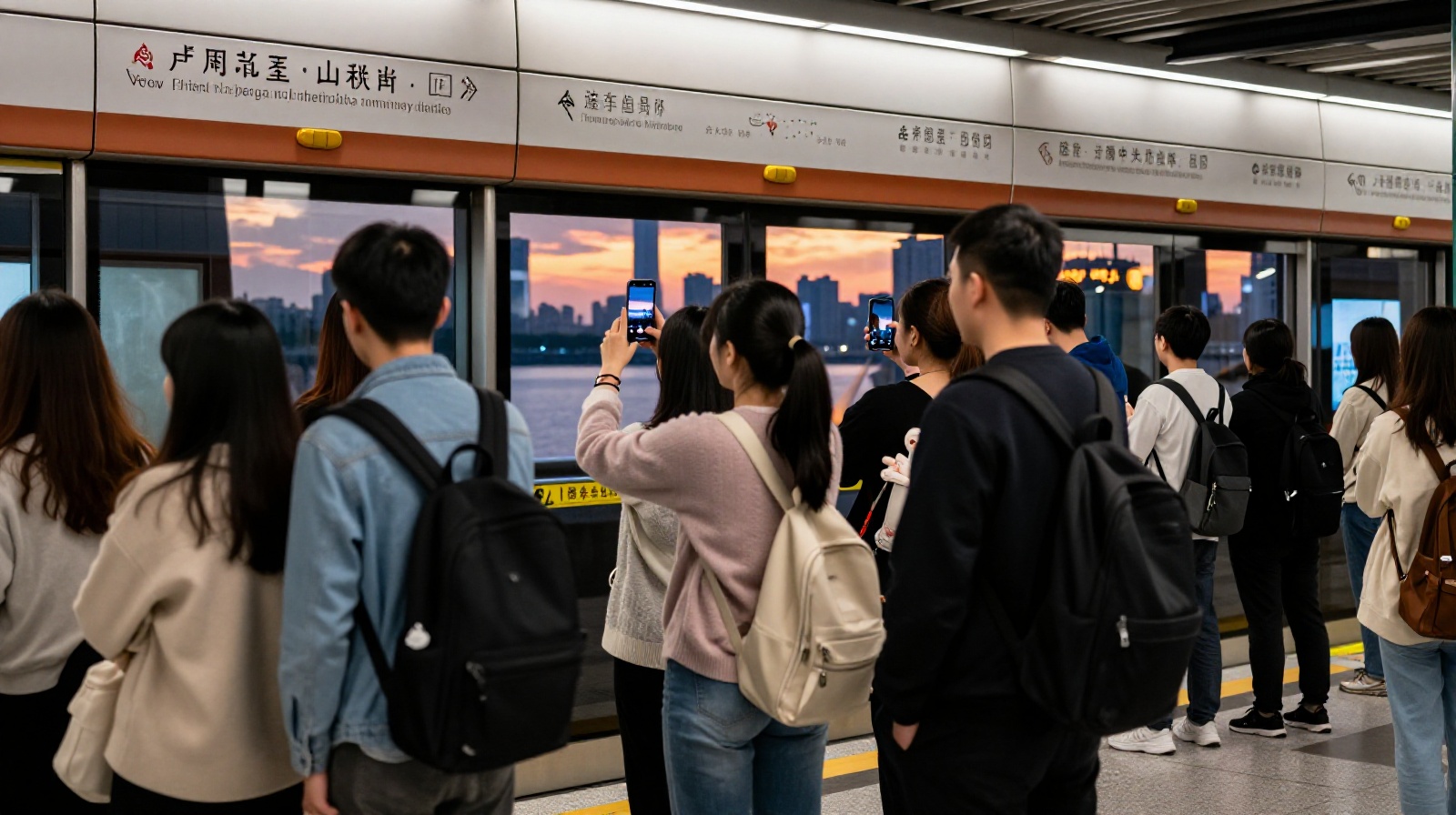 Commuters taking photos of a city sunset while waiting on a subway platform in China