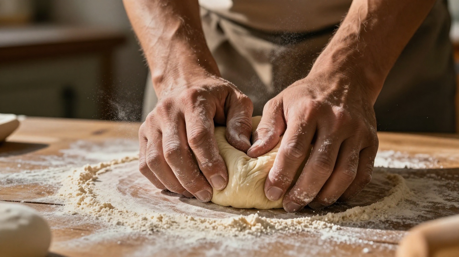 Close-up of an artisan's hands kneading traditional Chinese dough in a rustic workshop with natural lighting