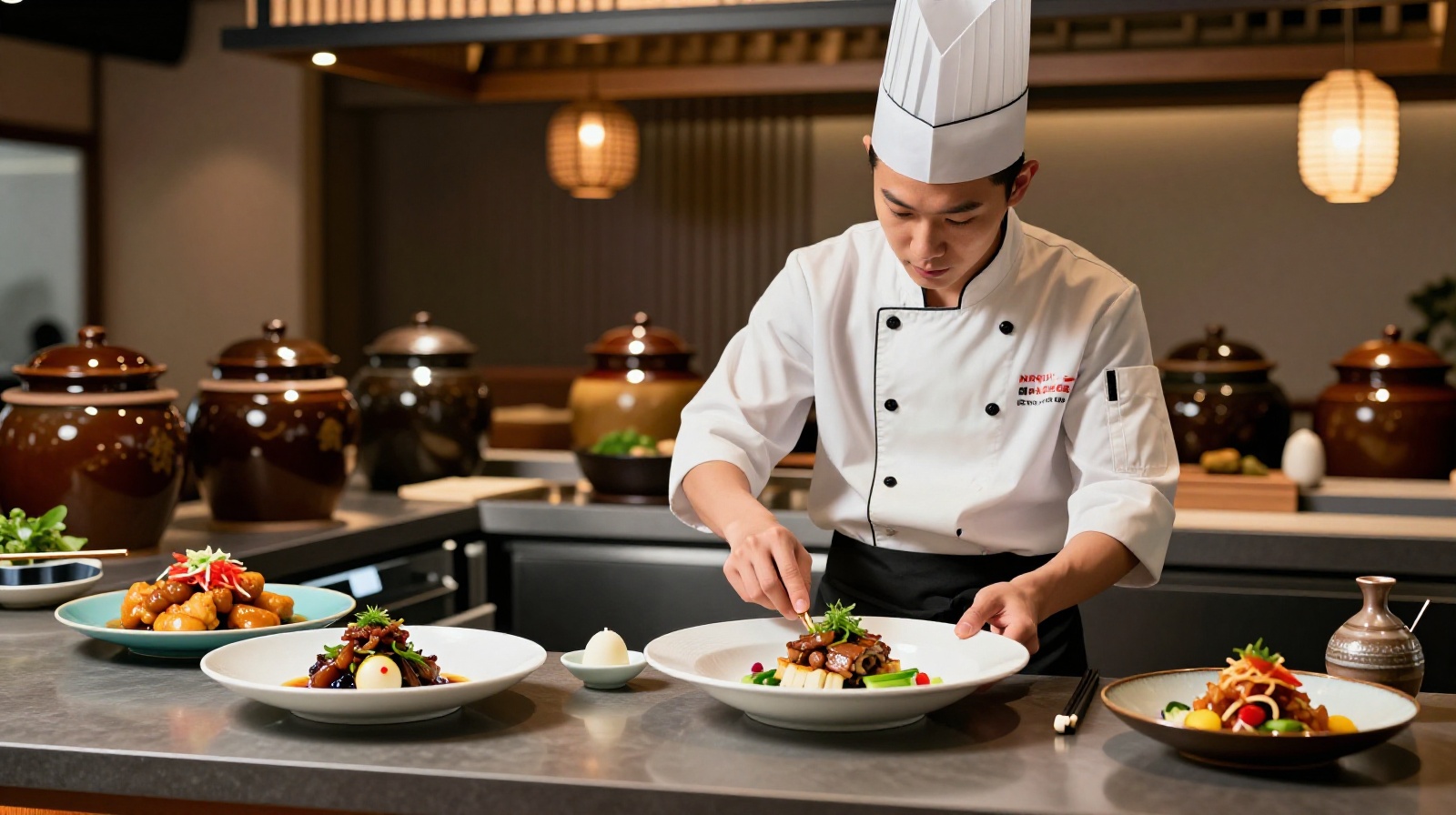A young chef presenting a modern dish made with traditional heritage ingredients in a contemporary Chinese restaurant