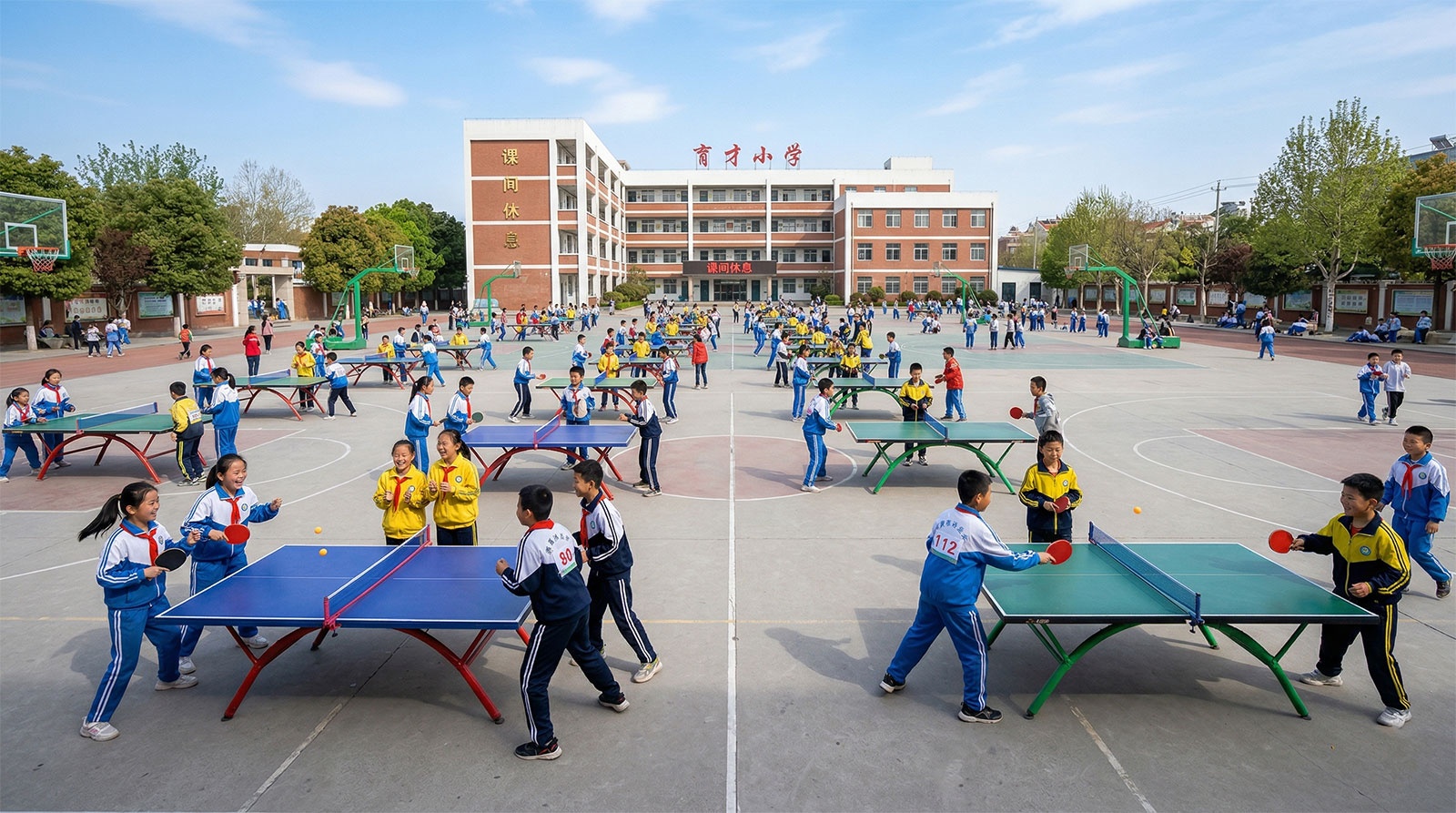 Students playing table tennis outdoors on a sunny day at a primary school in China