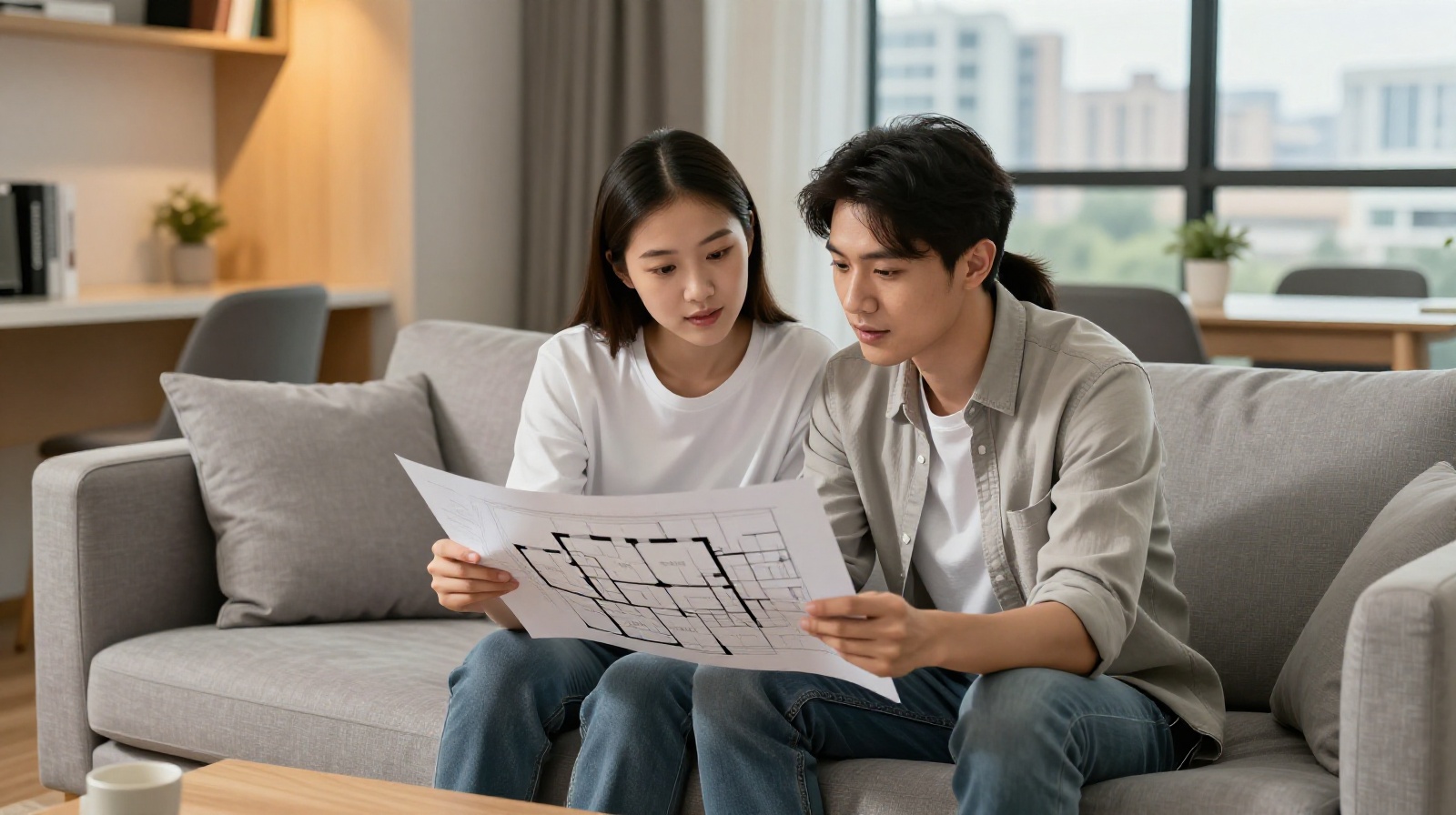 Young Chinese couple discussing housing options and savings in their current rental apartment living room