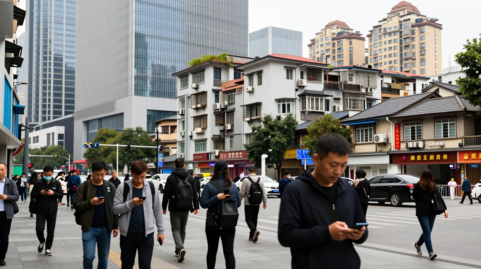Daily street life in a Chinese city showing the blend of commercial and residential zones where people live and work