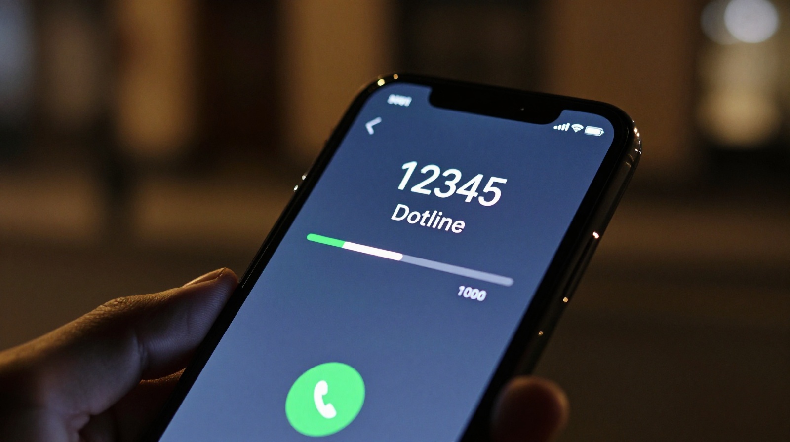 A close-up photo of a person holding a smartphone dialing the 12345 government hotline number while standing on a dark city street at night.