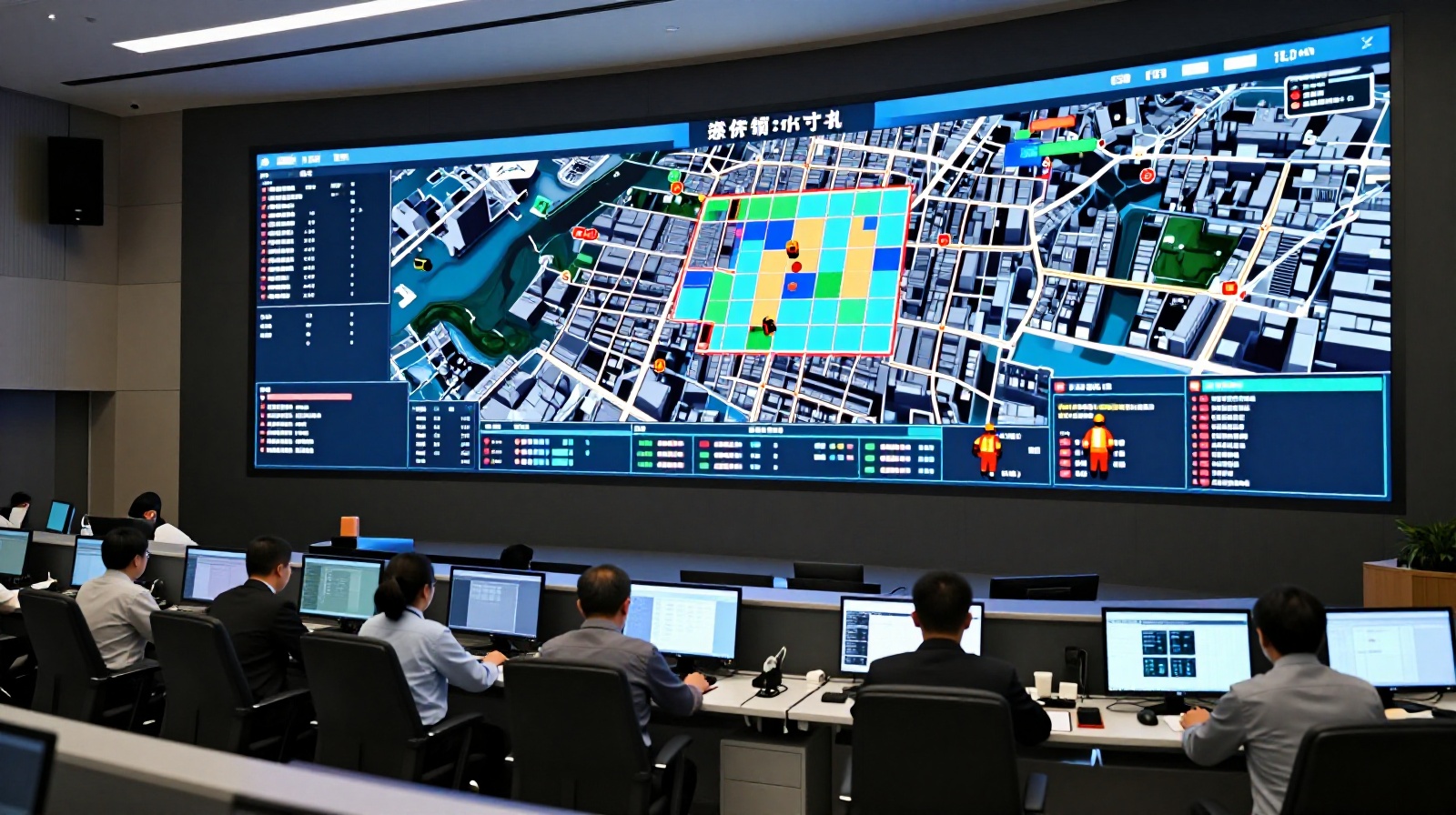 A view inside a smart city command center where operators monitor real-time data on large screens to dispatch maintenance teams across the urban grid.