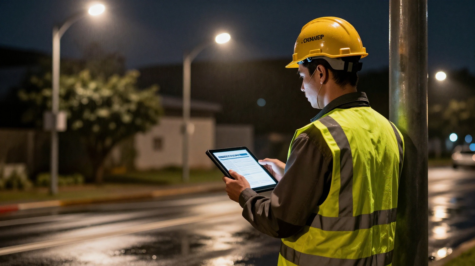 A utility worker finishing a repair job on a streetlight at night, using a tablet to confirm the task completion in the city's digital system.