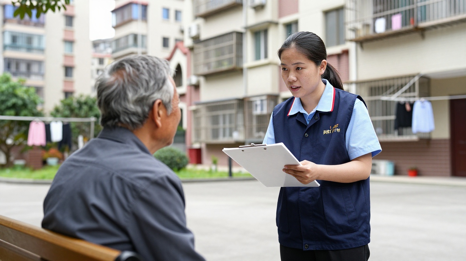 A community worker discussing local issues with an elderly resident outside an apartment complex in China